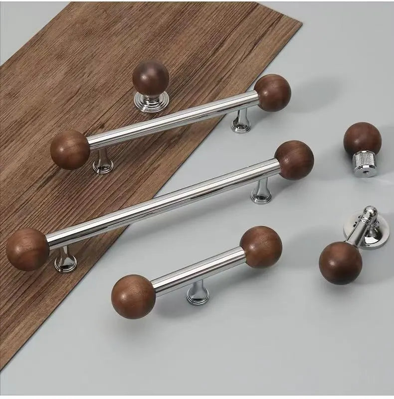 Walnut & Brass Chrome Cabinet Drawer Pull, Modern Japandi Kitchen Hardware