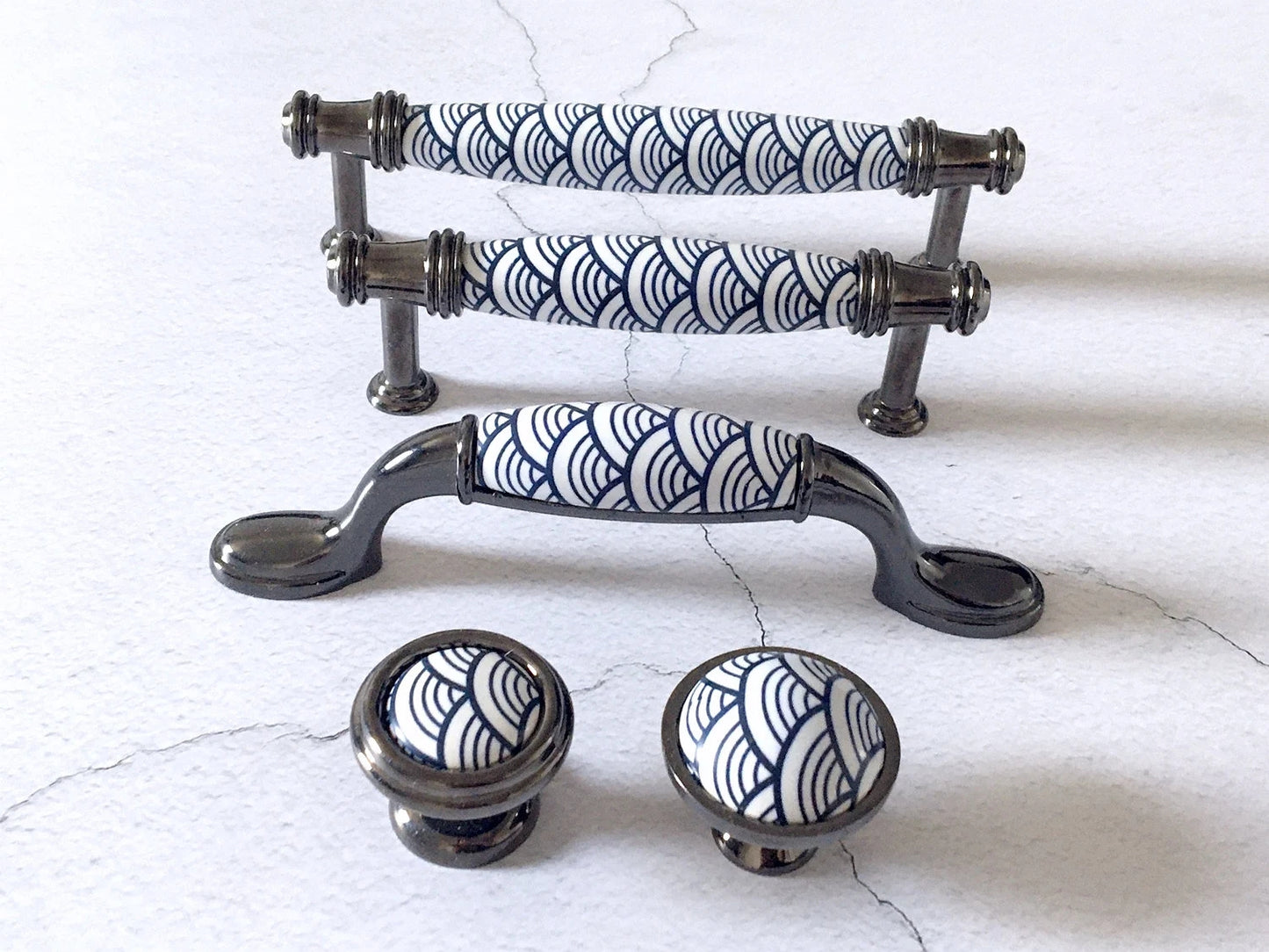 3.75" 5" Porcelain Cabinet Pulls, Blue White Scallop, Geometric Fish Scale, 96 128 mm Holes
