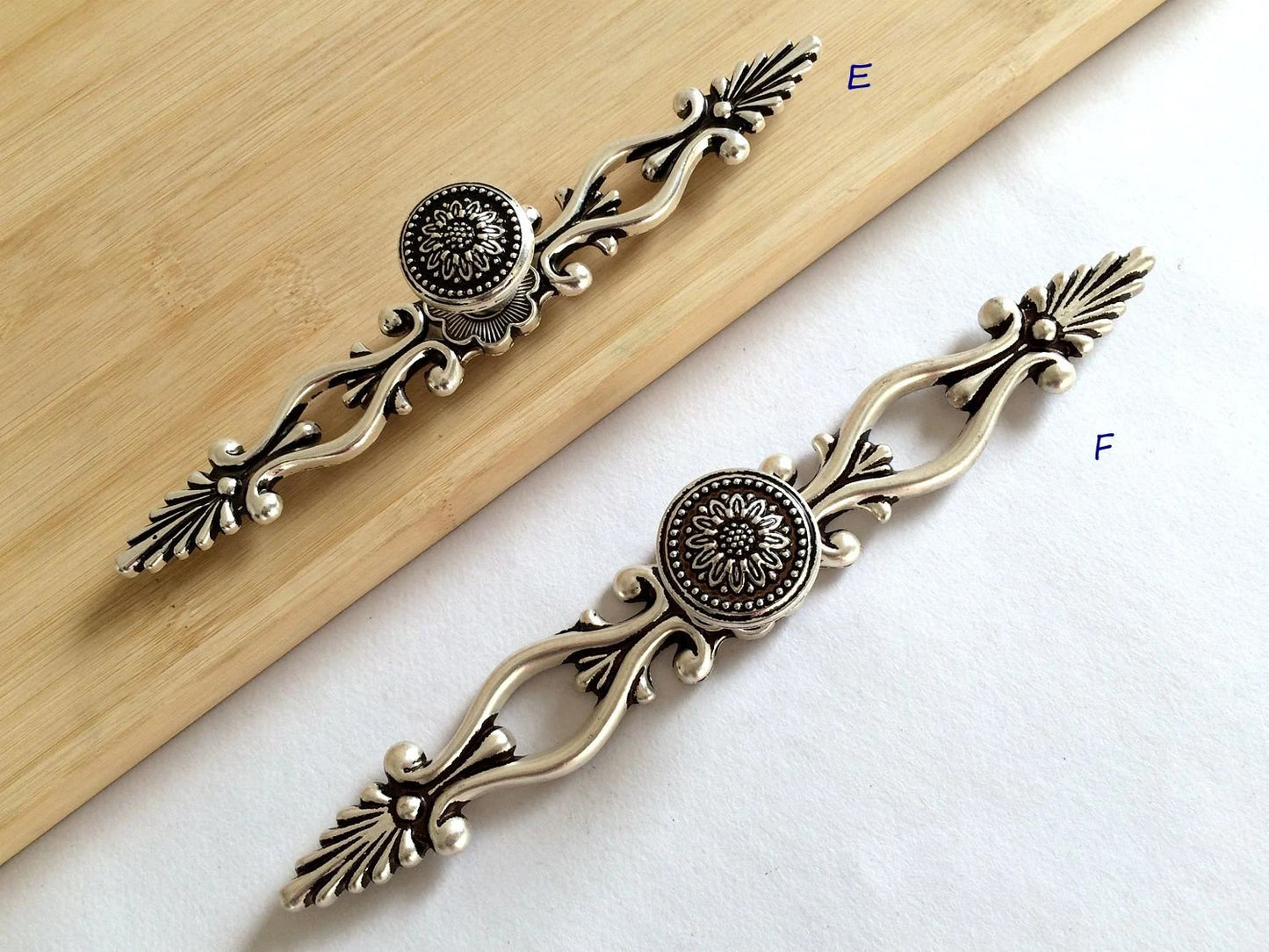 Sunflower Drawer Knobs and Pulls, Antique Silver Black, Retro Kitchen Hardware