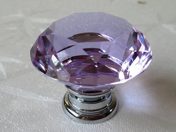 Purple Glass Drawer Knobs with Backplate, Polished Chrome