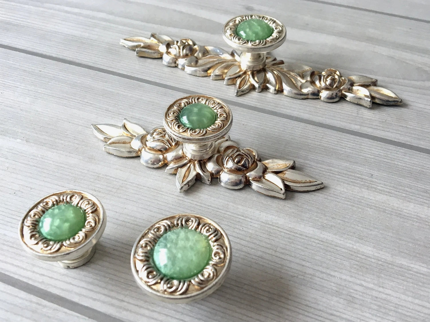 Shabby Chic Style Green Drawer Knobs with Antique Silver Backplate