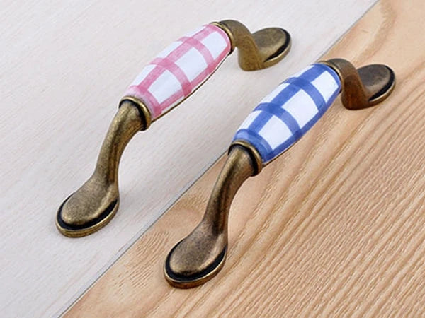 Gingham Porcelain Drawer Pulls, 3" 3.75" Centers, Blue Green Yellow Red