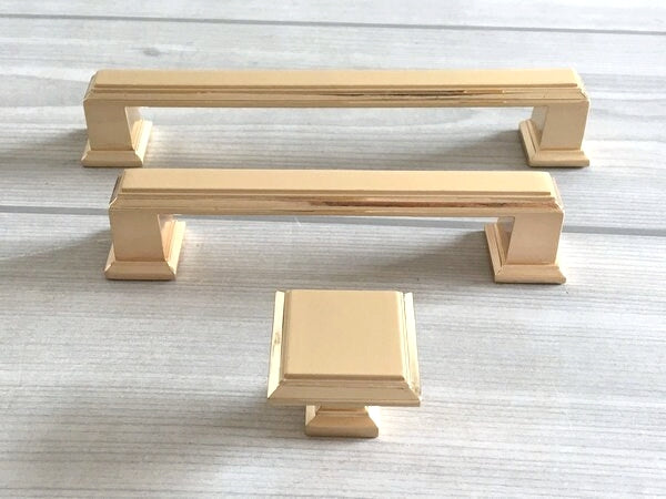 Gold Cabinet Pulls, Square Drawer Knobs, Kitchen Hardware, 3.75" 5" Centers