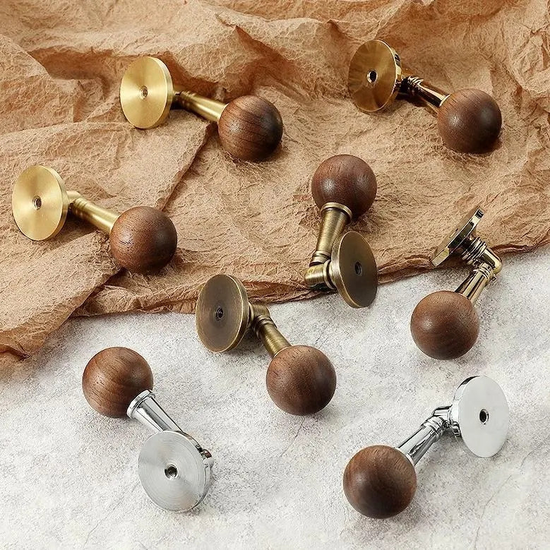Walnut Brass Cabinet Knob, Pendant Wooden Drawer Pull, Oriental Retro Kitchen Hardware