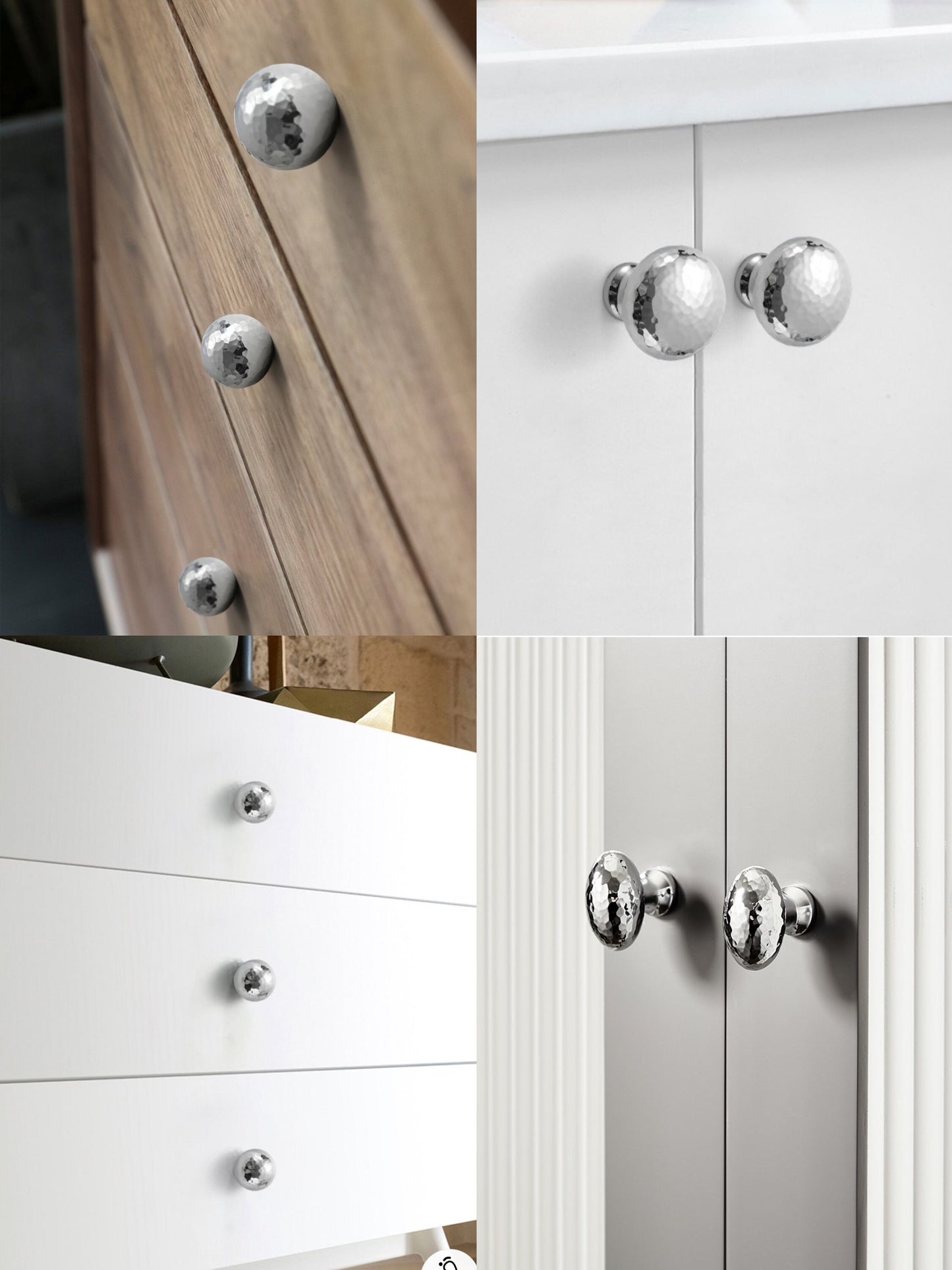 Silver Hammered Brass Drawer Knobs, Polished Chrome, Modern Kitchen Cabinet Hardware