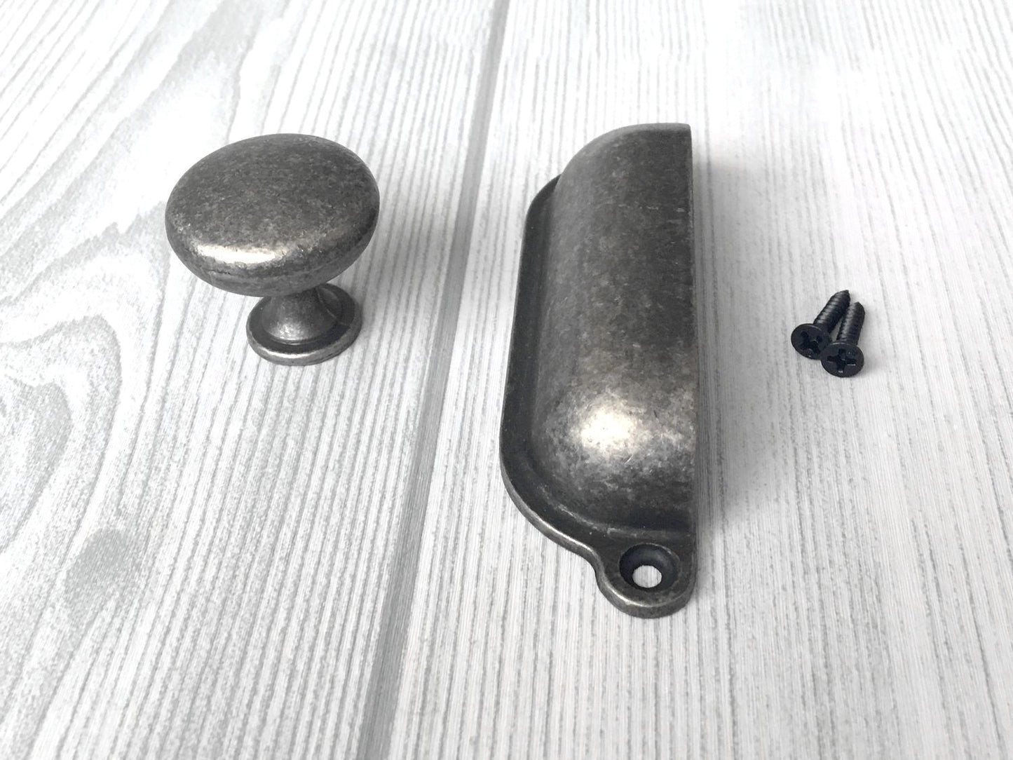 Cup Drawer Pull and Knobs, Antique Pewter, 3.5" Centers