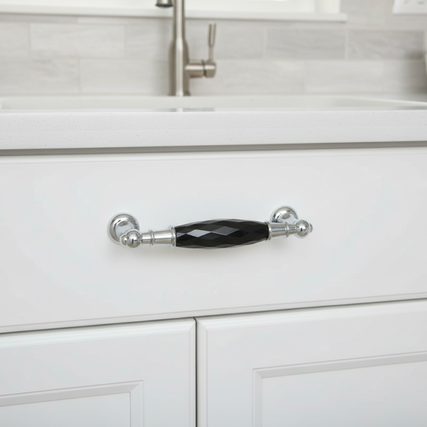 3.75" 5" Black Crystal Glass Chrome Drawer Pull & Diamond Cut Knob - LynnsHardware