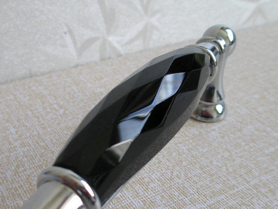3.75" 5" Black Crystal Glass Drawer Pull & Diamond Cut Knob, Silver Chrome