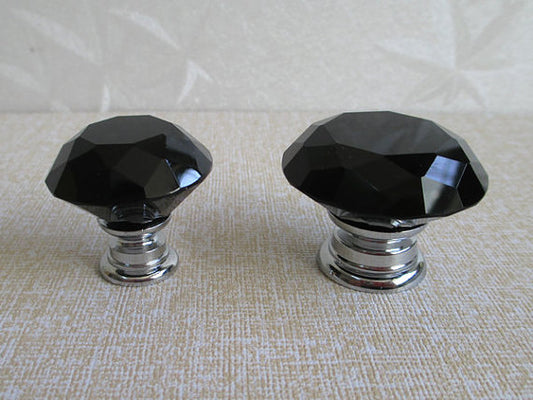 3.75" 5" Black Crystal Glass Drawer Pull & Diamond Cut Knob, Silver Chrome