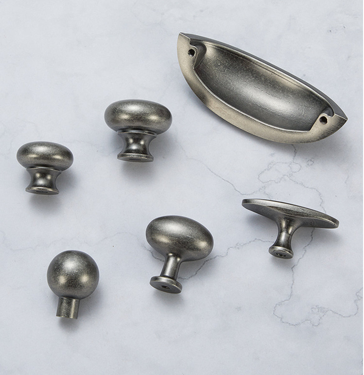 Rustic and industrial style antique silver knobs and cup pull