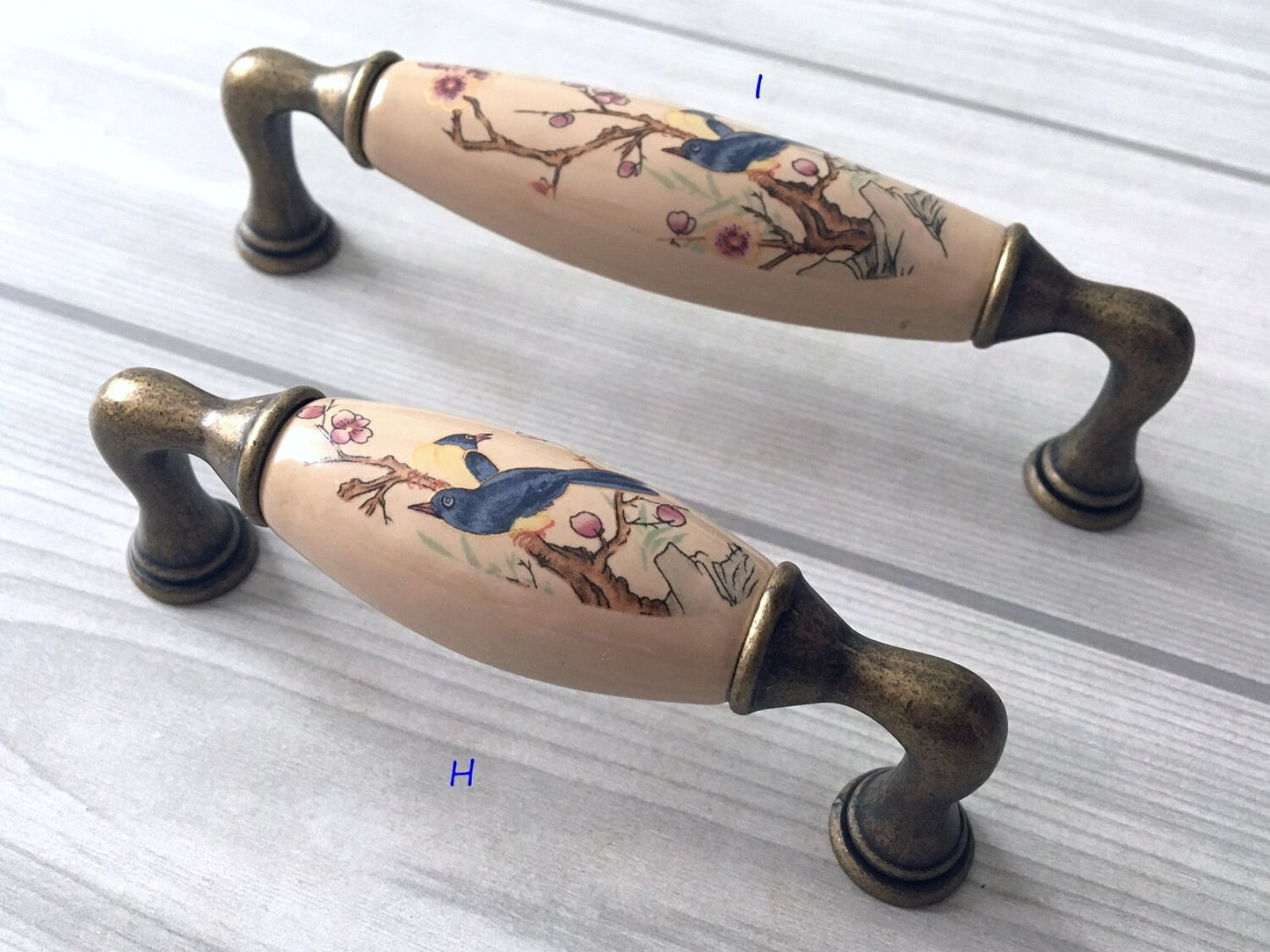 3" 3.75" 5" Flower Bird Porcelain Drawer Pulls Cabinet Handle, Tan Bronze