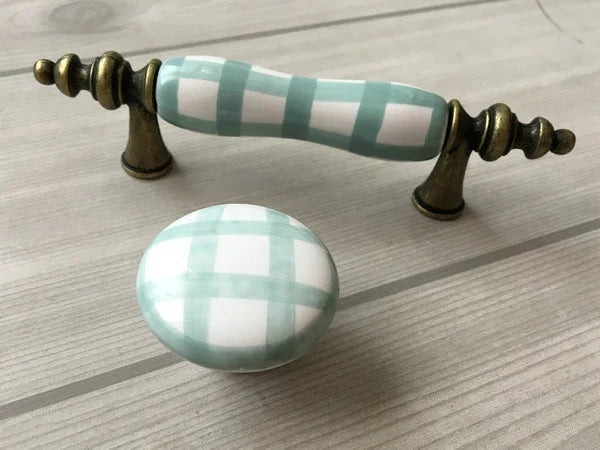 3" Centers Gingham Ceramic Drawer Pull and Cabinet Knob, Antique Bronze Green Yellow Red Blue White