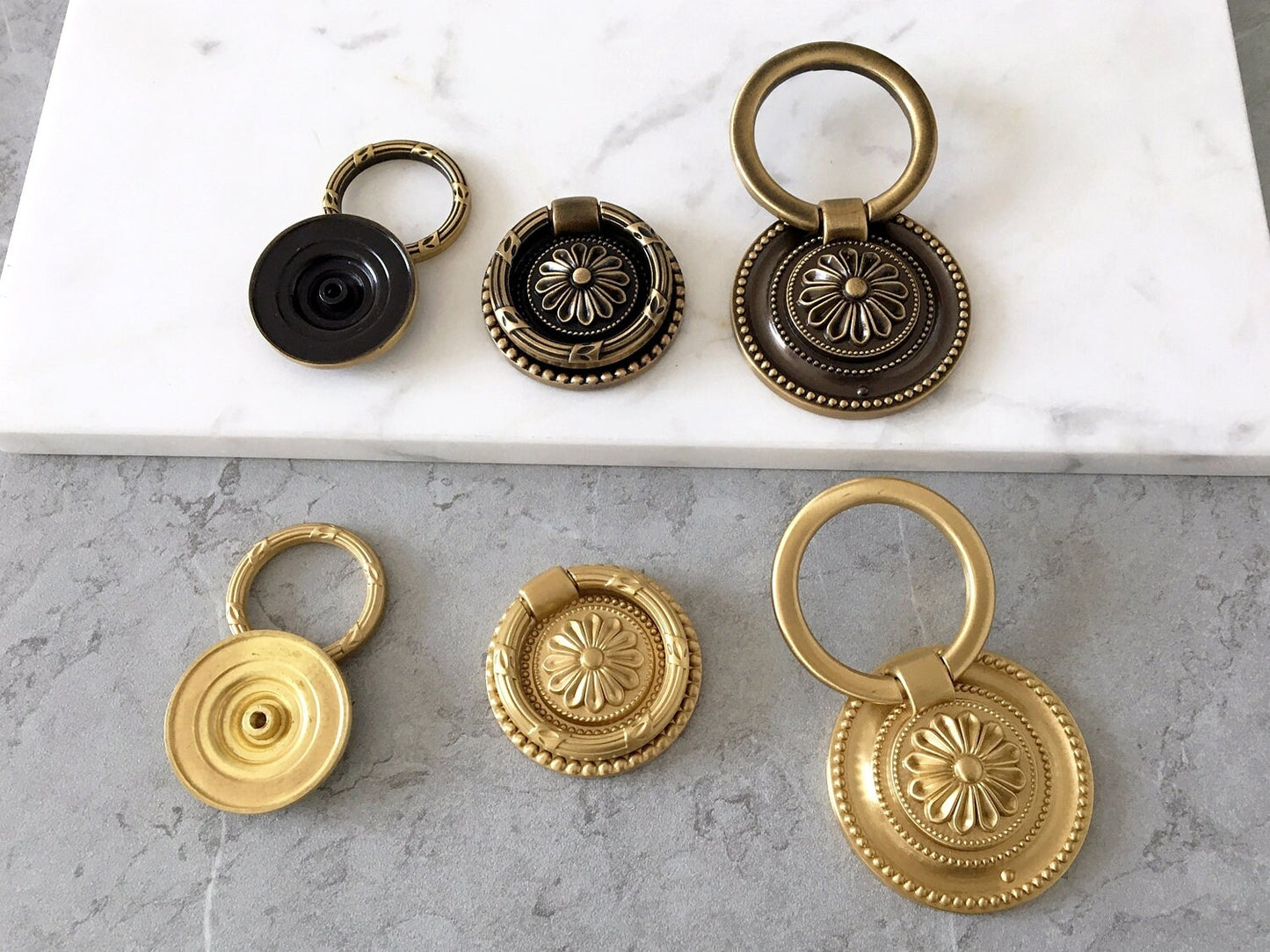 Brass Drop Ring Drawer Pulls, Floral Backplate, Antique Bronze, Gold
