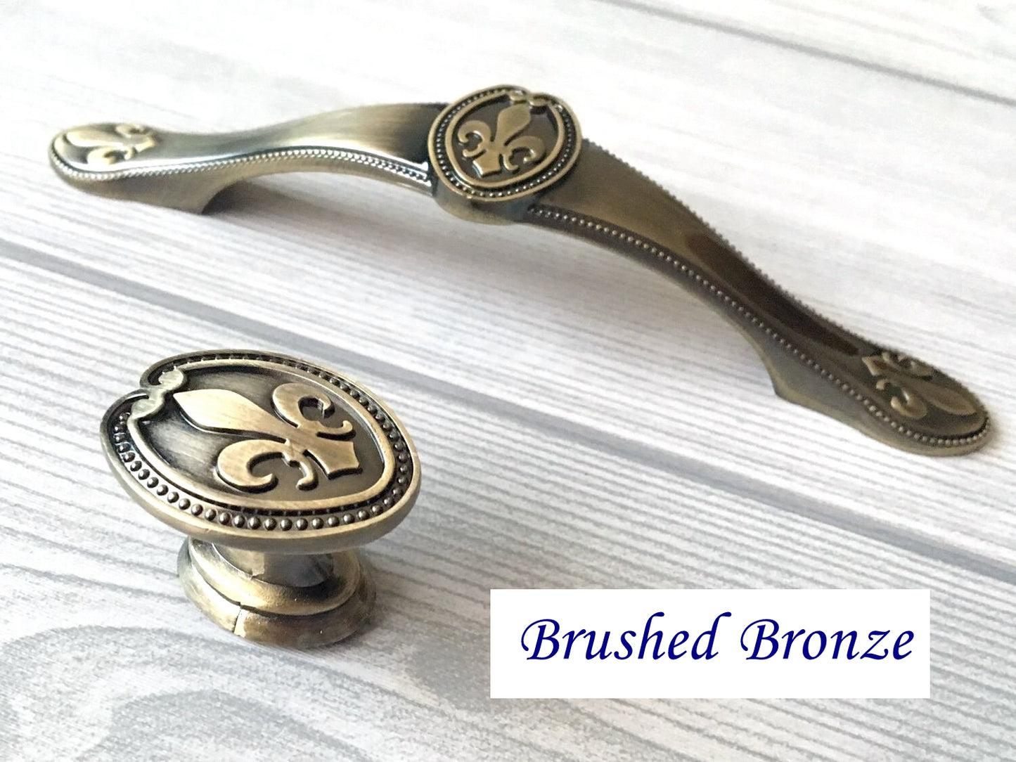 Fleur De Lis Cabinet Pulls and Knobs, 3.75" Centers, Bronze, Creamy White
