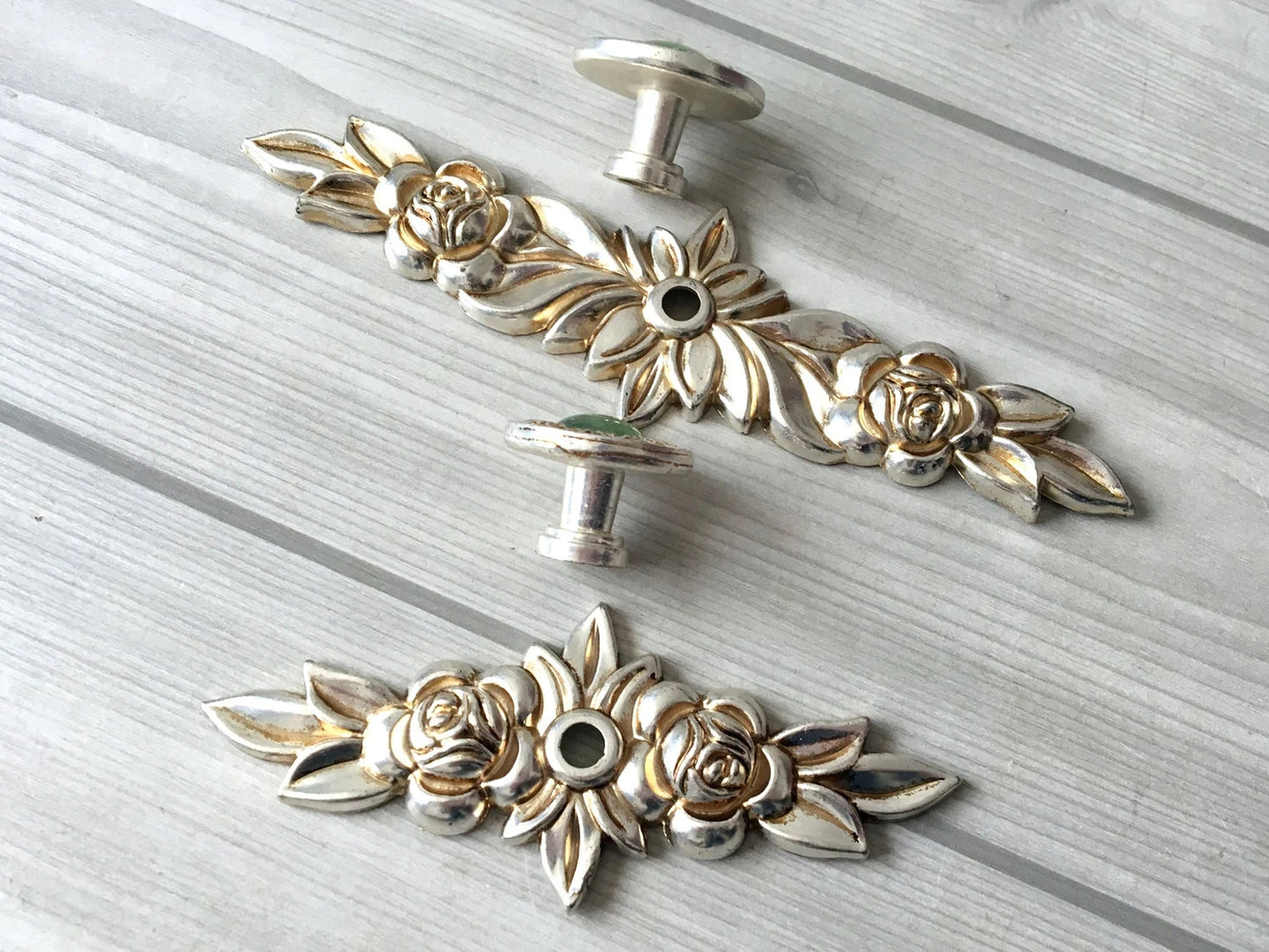Shabby Chic Style Green Drawer Knobs with Antique Silver Backplate
