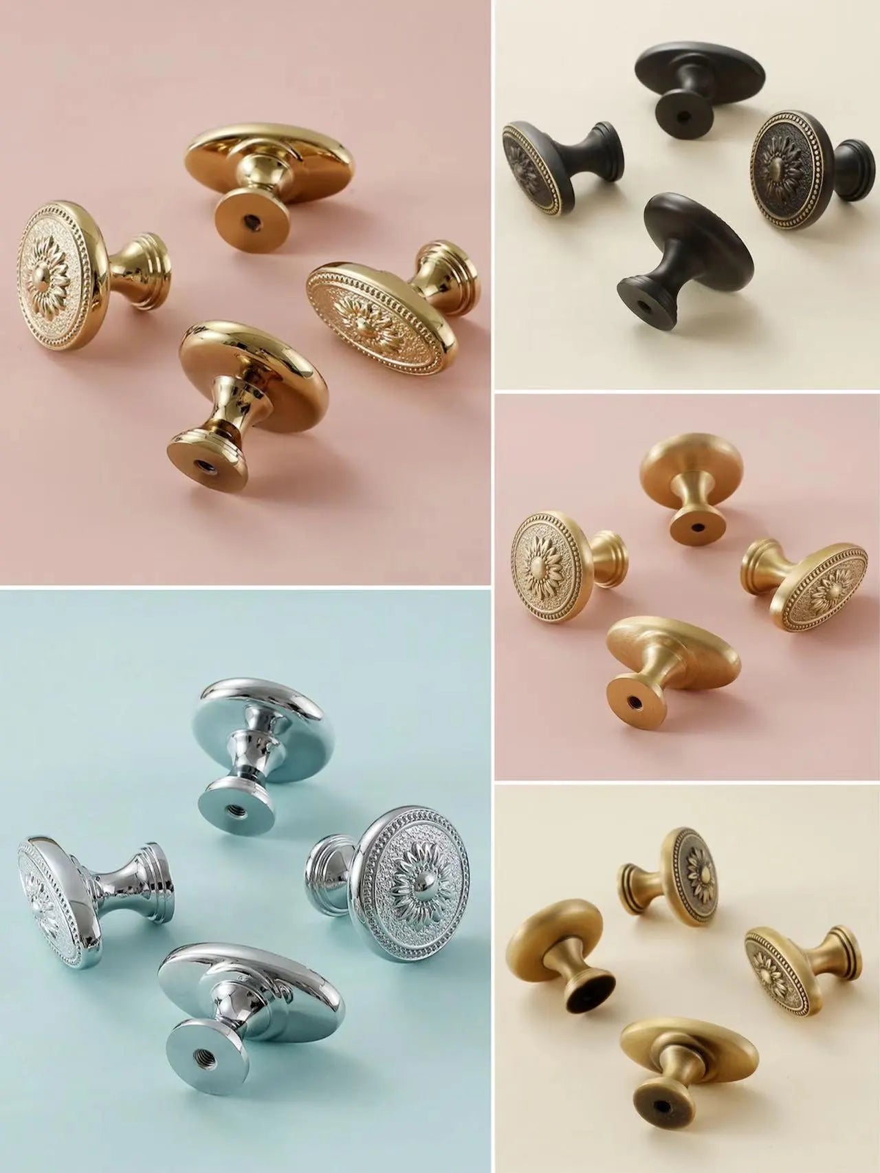 Brass Victorian Floral Drawer Pulls, Round and Oval Cabinet Knobs, Gold Chrome Coffee Bronze