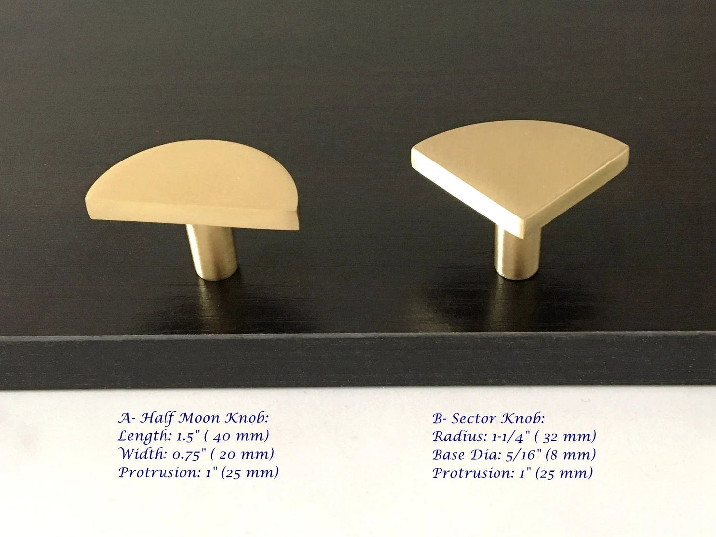 Brushed Gold Dresser Drawer Knob, Kitchen Cabinet Pull, Half Circle, Quarter Moon, Conical