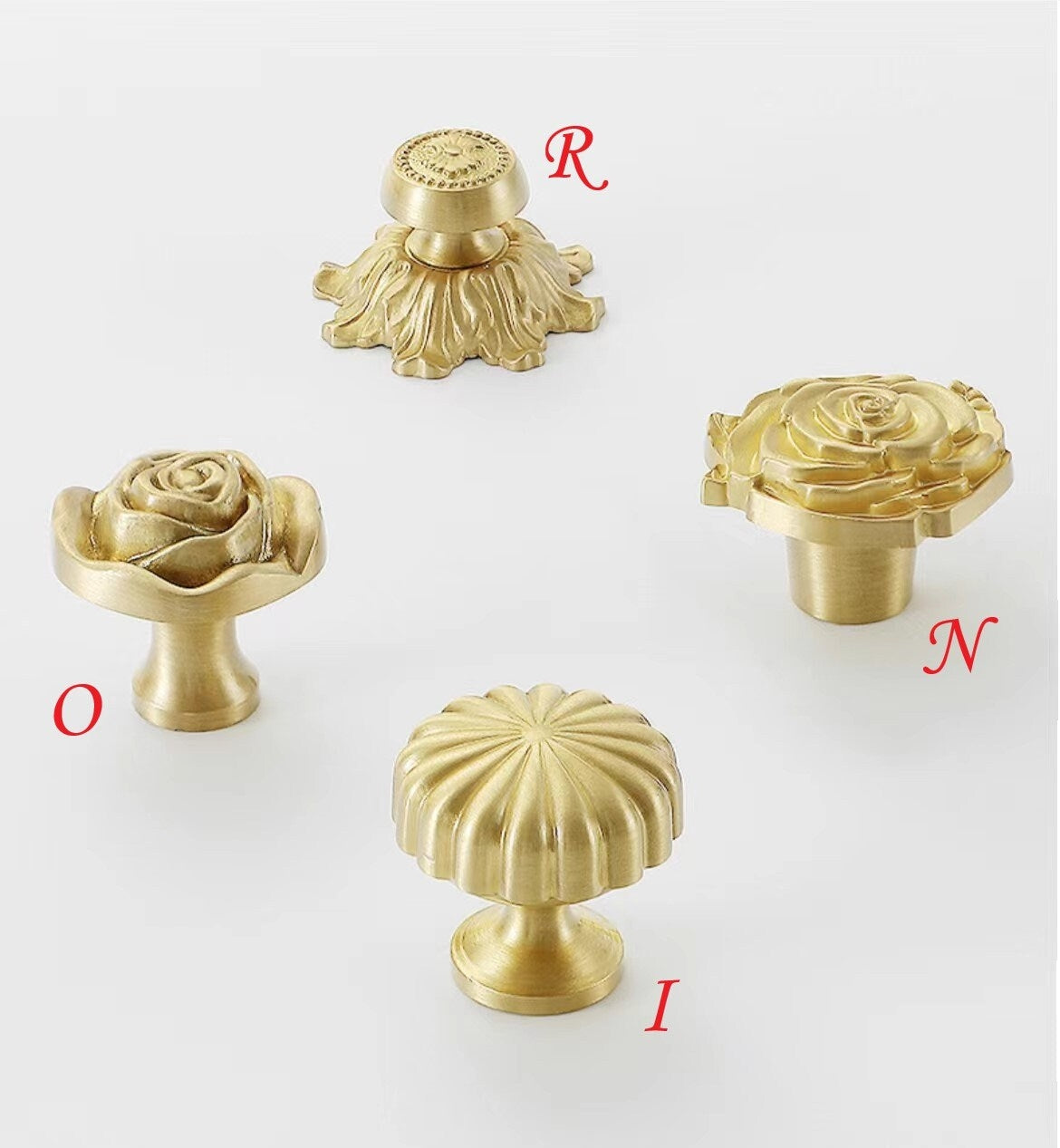 Brass Flower Patterned Knobs, Floral Drawer Pulls, Brushed Gold, Kitchen Cabinet Hardware