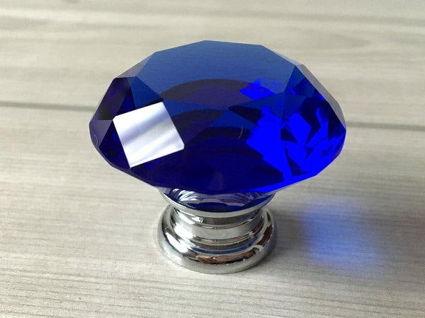Blue Glass Drawer Knobs with Backplate, Polished Chrome, Kitchen Hardware