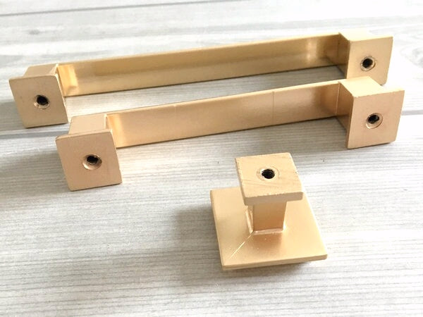 Gold Cabinet Pulls, Square Drawer Knobs, Kitchen Hardware, 3.75" 5" Centers