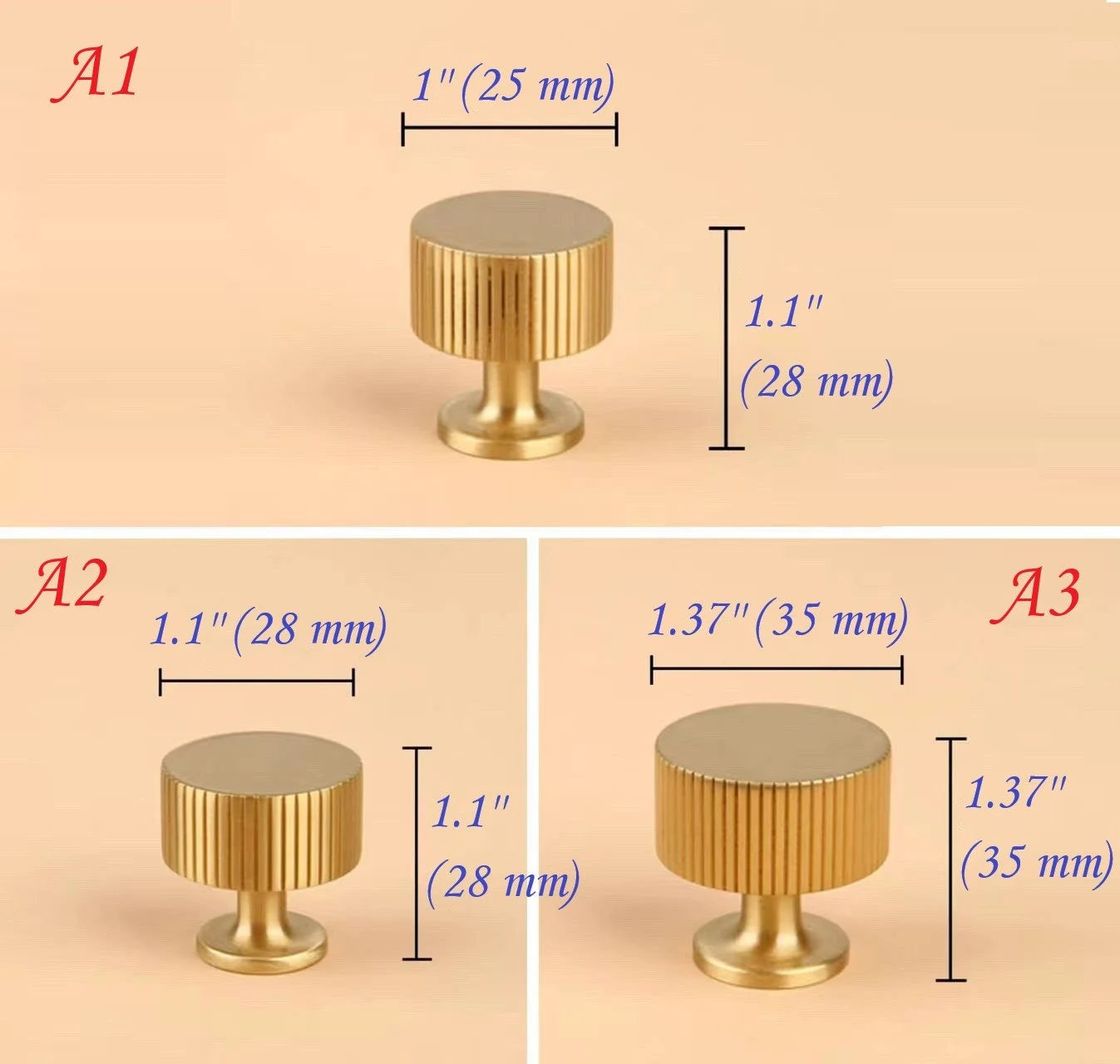 Solid Brass Cabinet Knobs, Classic Cylinder Knurled, Kitchen Hardware