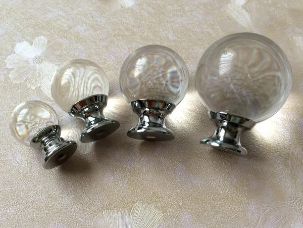 Glass Drawer Knobs, 4 sizes, Clear and Chrome, Modern Cabinet Pulls
