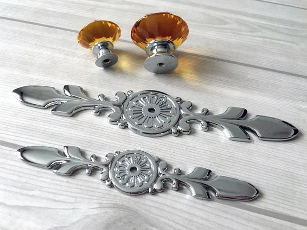 Amber Glass Drawer Knobs with Backplate, Brown Polished Chrome, Kitchen Hardware