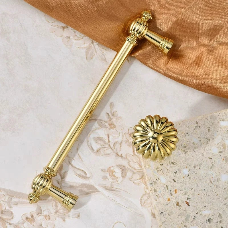 Gold Cabinet Pulls, Pumpkin Design, Polished Chrome, Antique Gold Brass