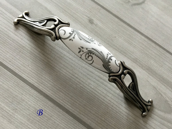 3.75" 5" Centers Antique Pewter Porcelain Drawer Pull Handle