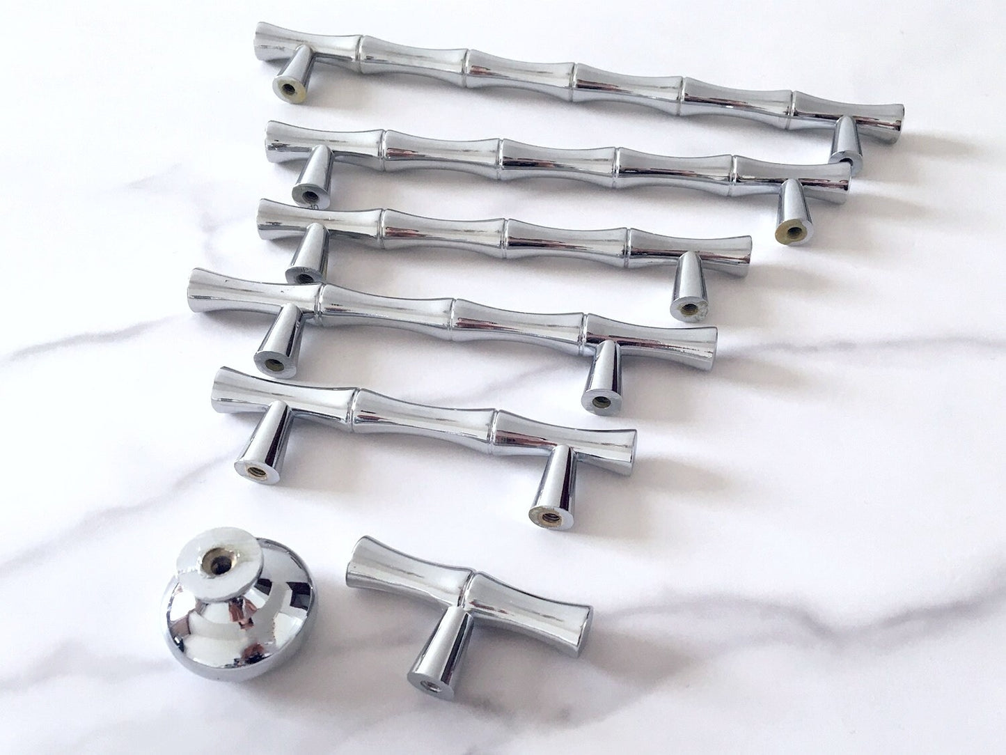 Bamboo Cabinet Pulls and Drawer Knobs, Polished Chrome Silver, Modern Kitchen Hardware