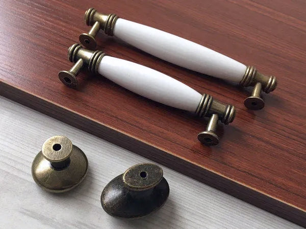 3.75" 5" Porcelain Drawer Pull,  White Antique Bronze, Kitchen Door Handle