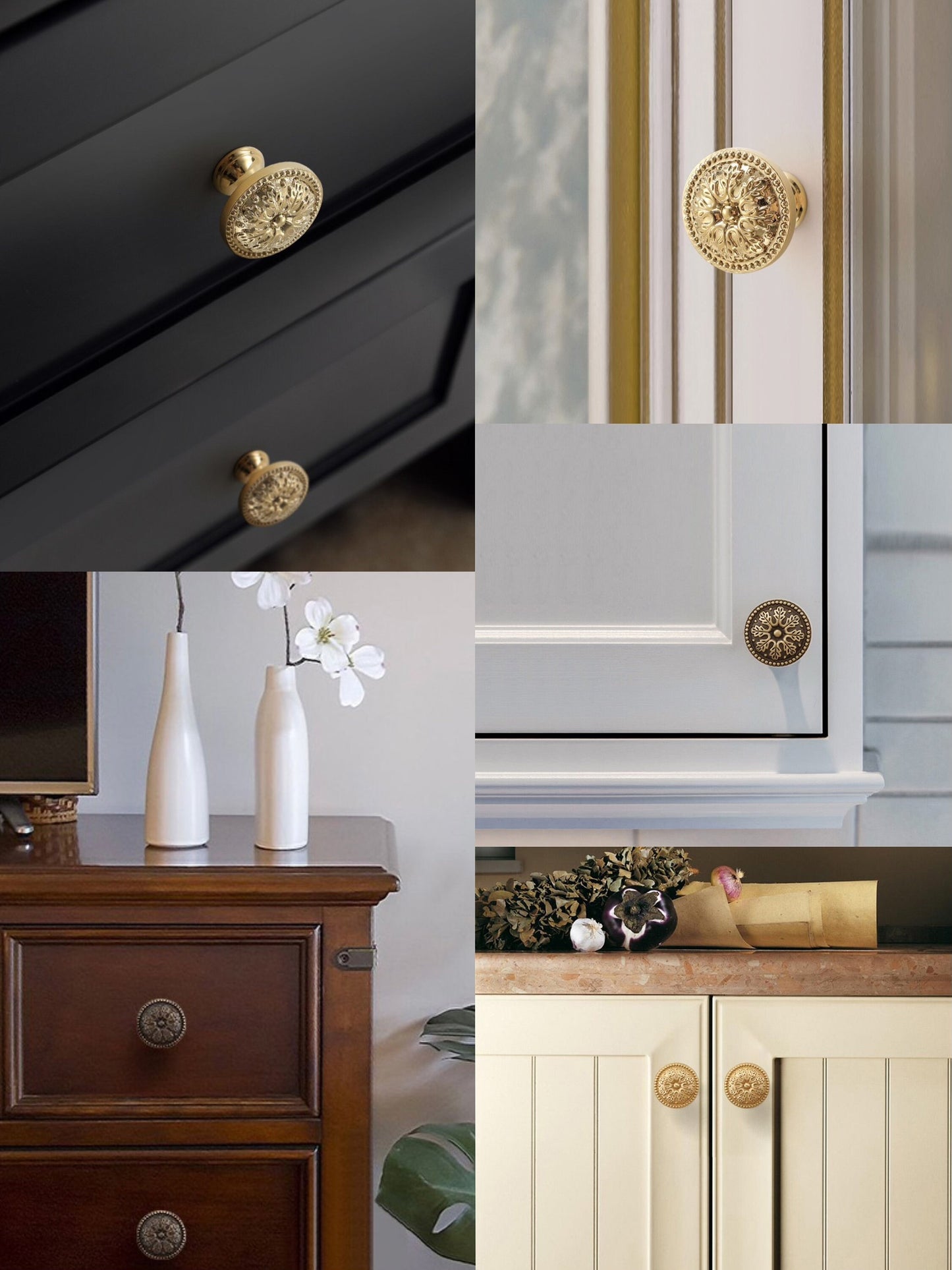 Floral Brass Knobs, Flower Cabinet Pulls, Gold Silver Bronze