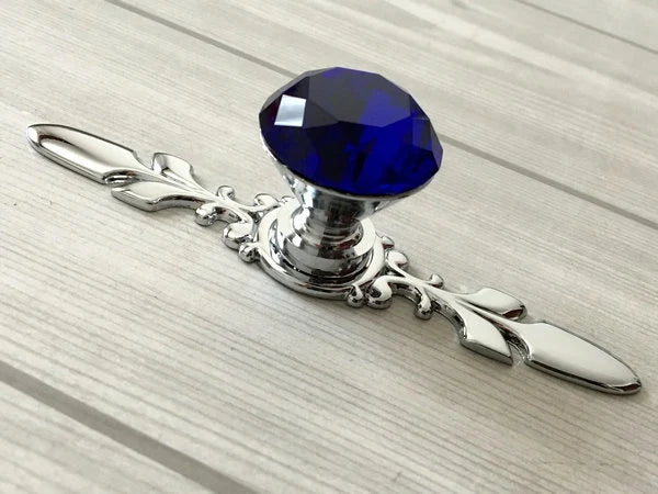 Blue Glass Drawer Knobs with Back Plate, Polished Chrome