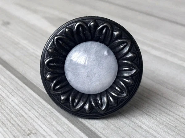 Gem Look Antique Black White Drawer Pulls, Backplates, Rustic Kitchen Hardware