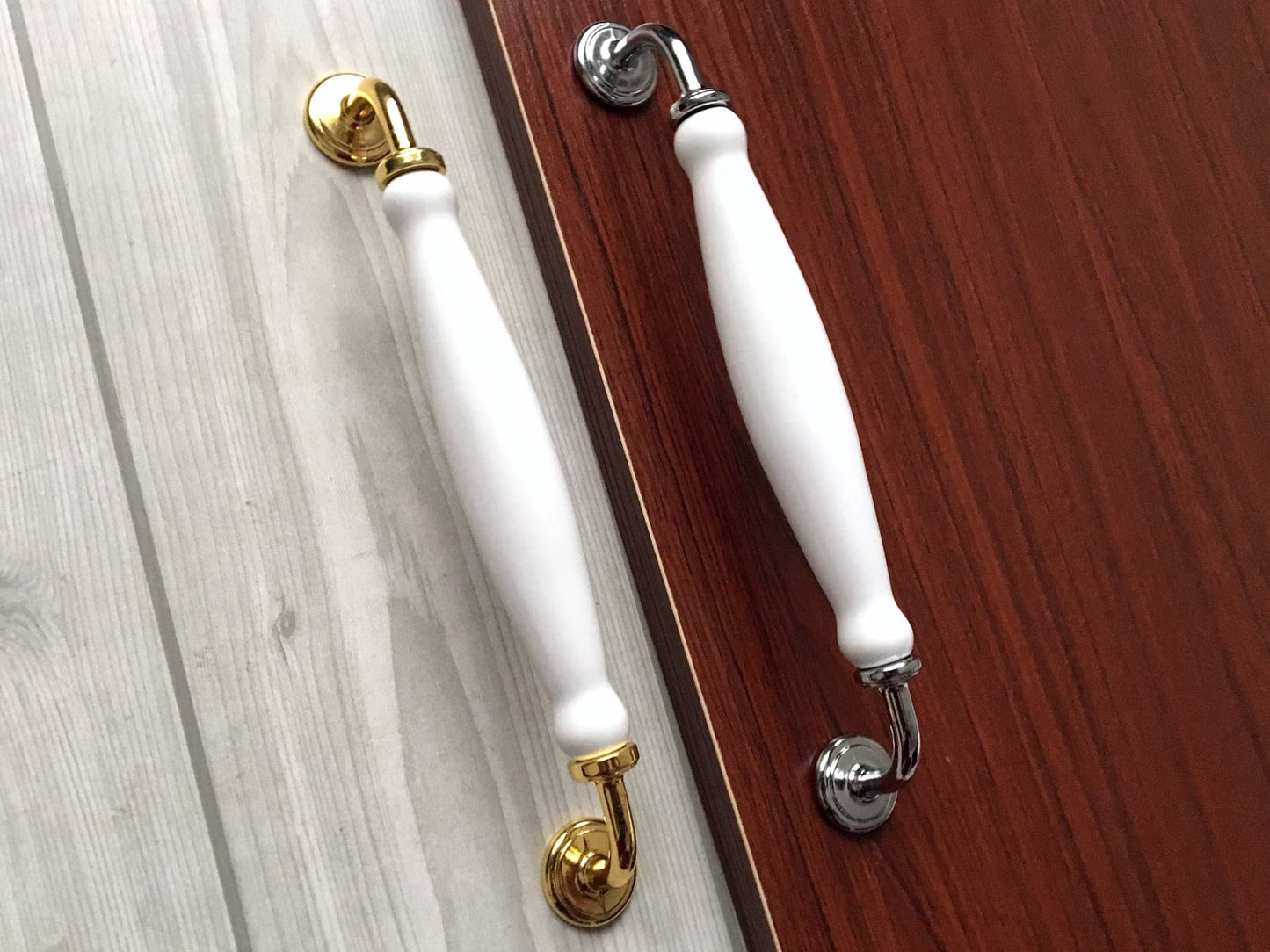 7.5" Kitchen Cabinet Pulls, Round Knobs, 192 mm Centers, Porcelain, White Bronze Chrome