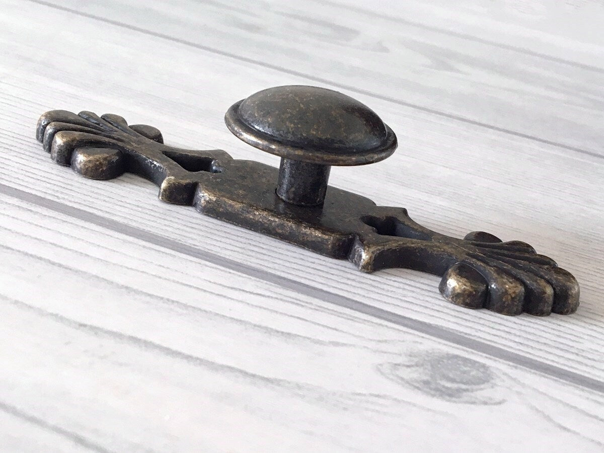 Antique Bronze Cabinet Knob with Back Plate, Retro Rustic MCM Kitchen Hardware