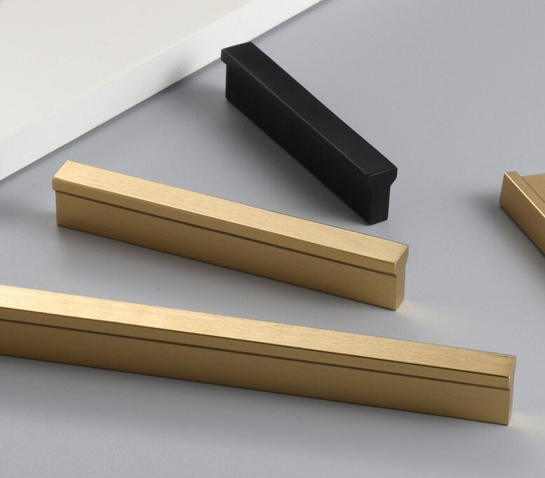 Mid Century Drawer Pulls, Cabinet Handles, Brushed Gold Brass, Matte Black
