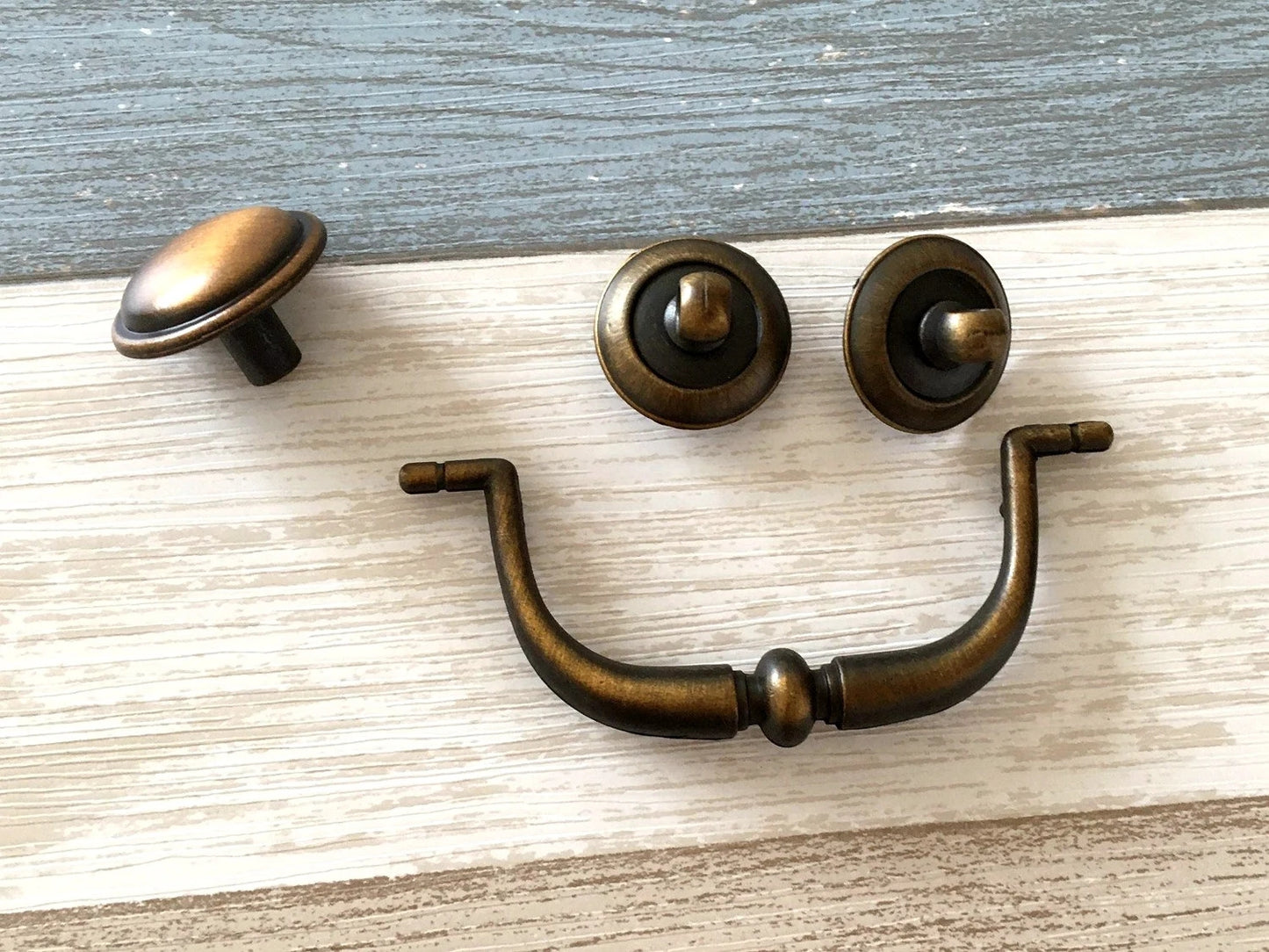 3.25" Centers Vintage Style Bail Drawer Pull with matching knob, Antique Gold Brass