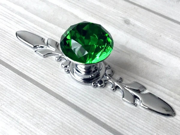 Green Glass Drawer Knobs with Backplate, Crystal Cabinet Pulls, Kitchen Hardware