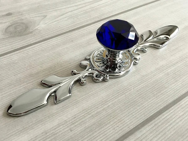 Blue Glass Drawer Knobs with Back Plate, Polished Chrome
