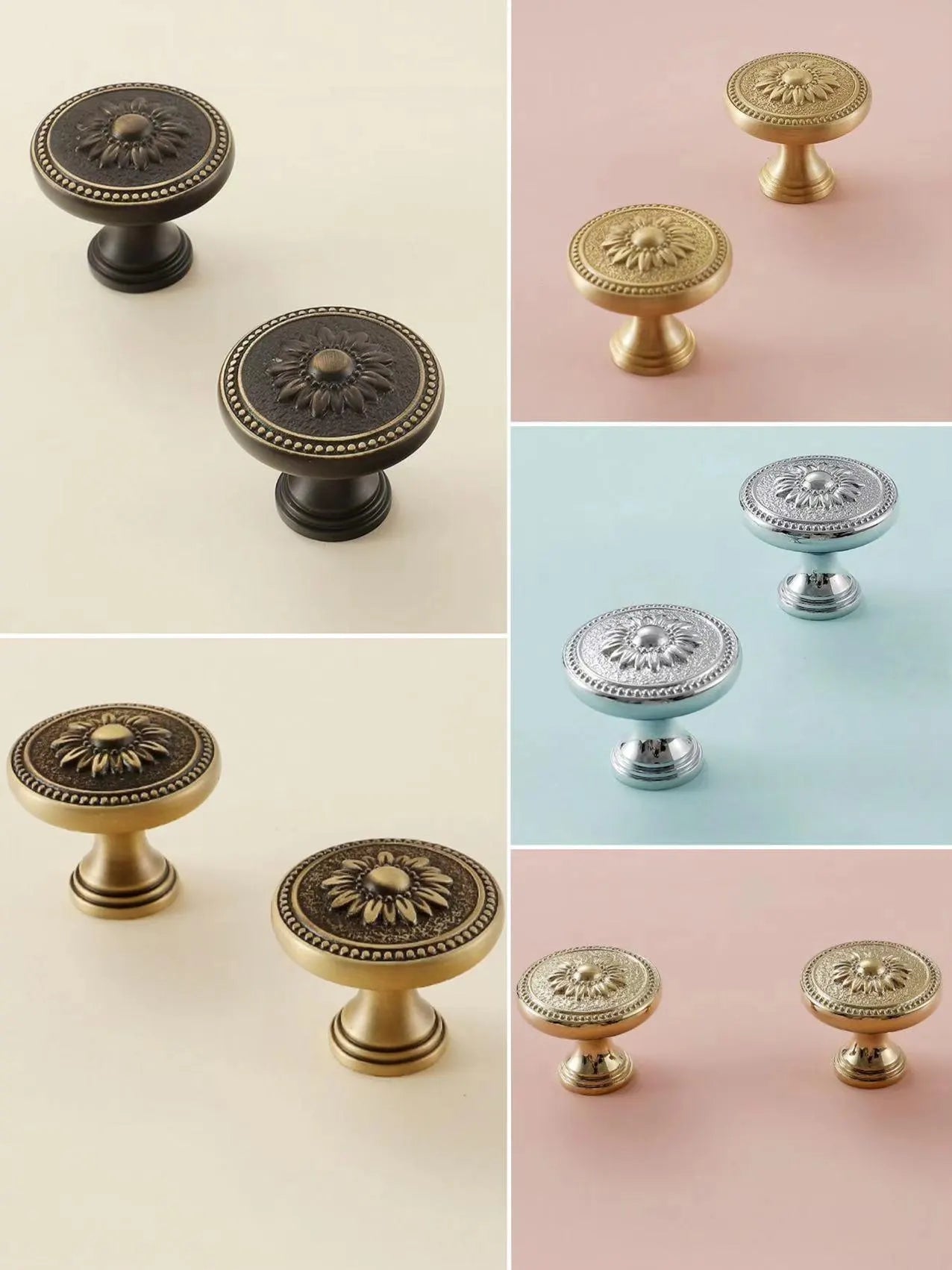 Brass Victorian Floral Drawer Pulls, Round and Oval Cabinet Knobs, Gold Chrome Coffee Bronze