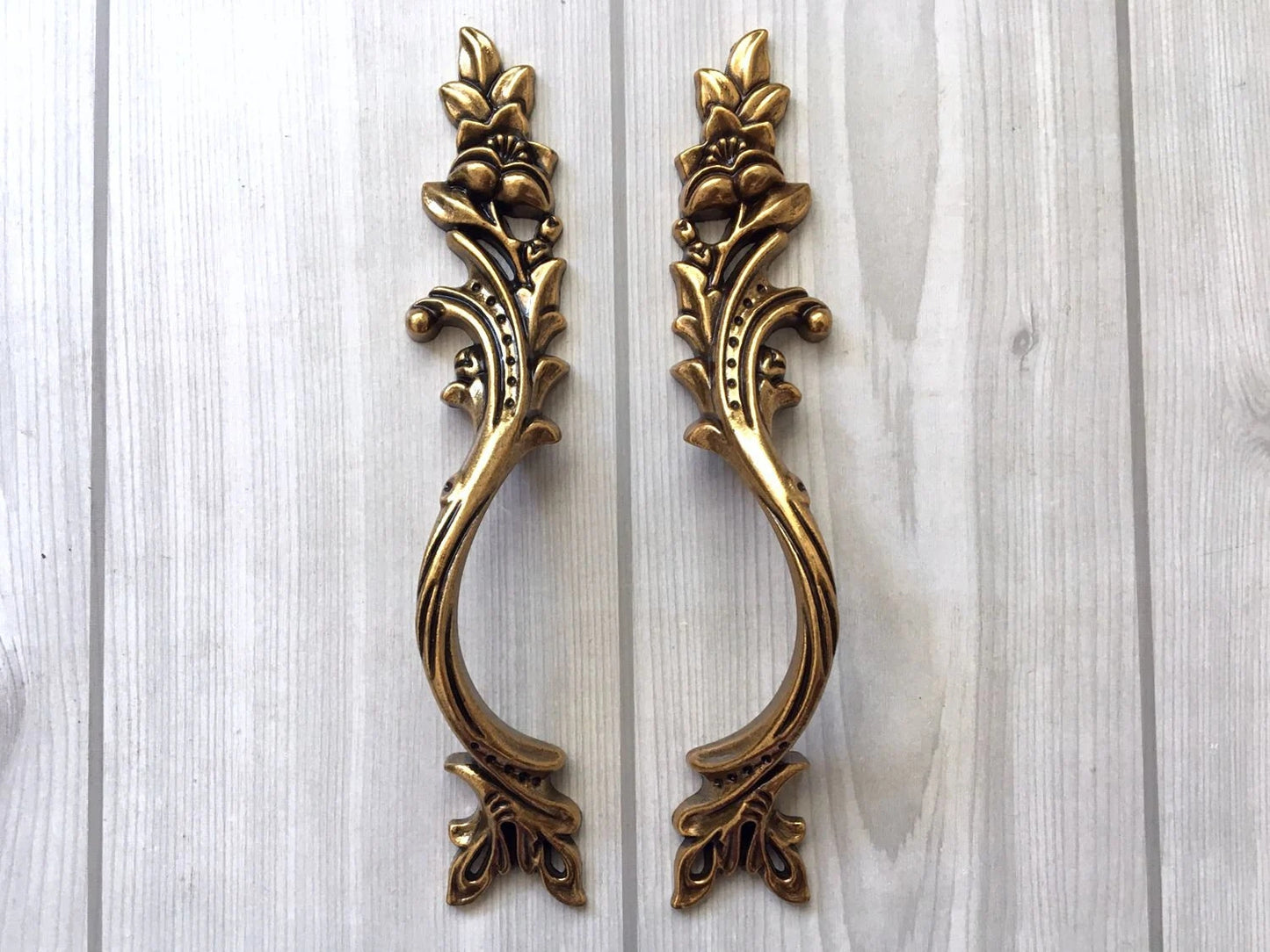 Antique Gold Brass Leafy French Provincial Drawer Pulls, Vertical Cabinet Handles
