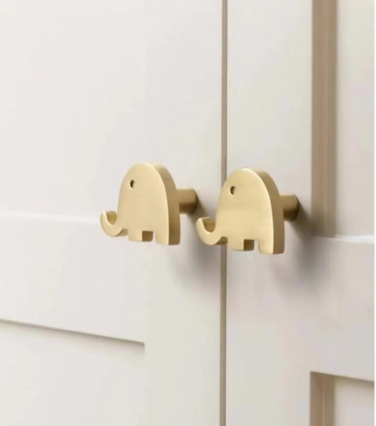 Elephant Brass Knobs, Nursery Dresser Pull, Kids Cabinet Hardware, Animal Gold Polished Chrome