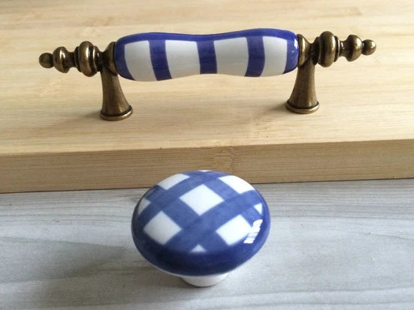 3" Centers Gingham Ceramic Drawer Pull and Cabinet Knob, Antique Bronze Green Yellow Red Blue White