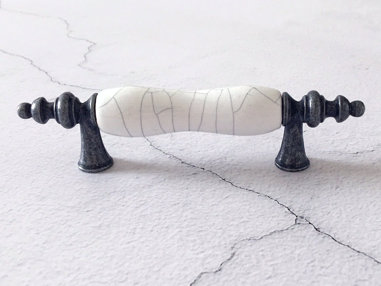 3" Drawer Pull Handles, White Crackle, Antique Pewter, 76 mm Centers