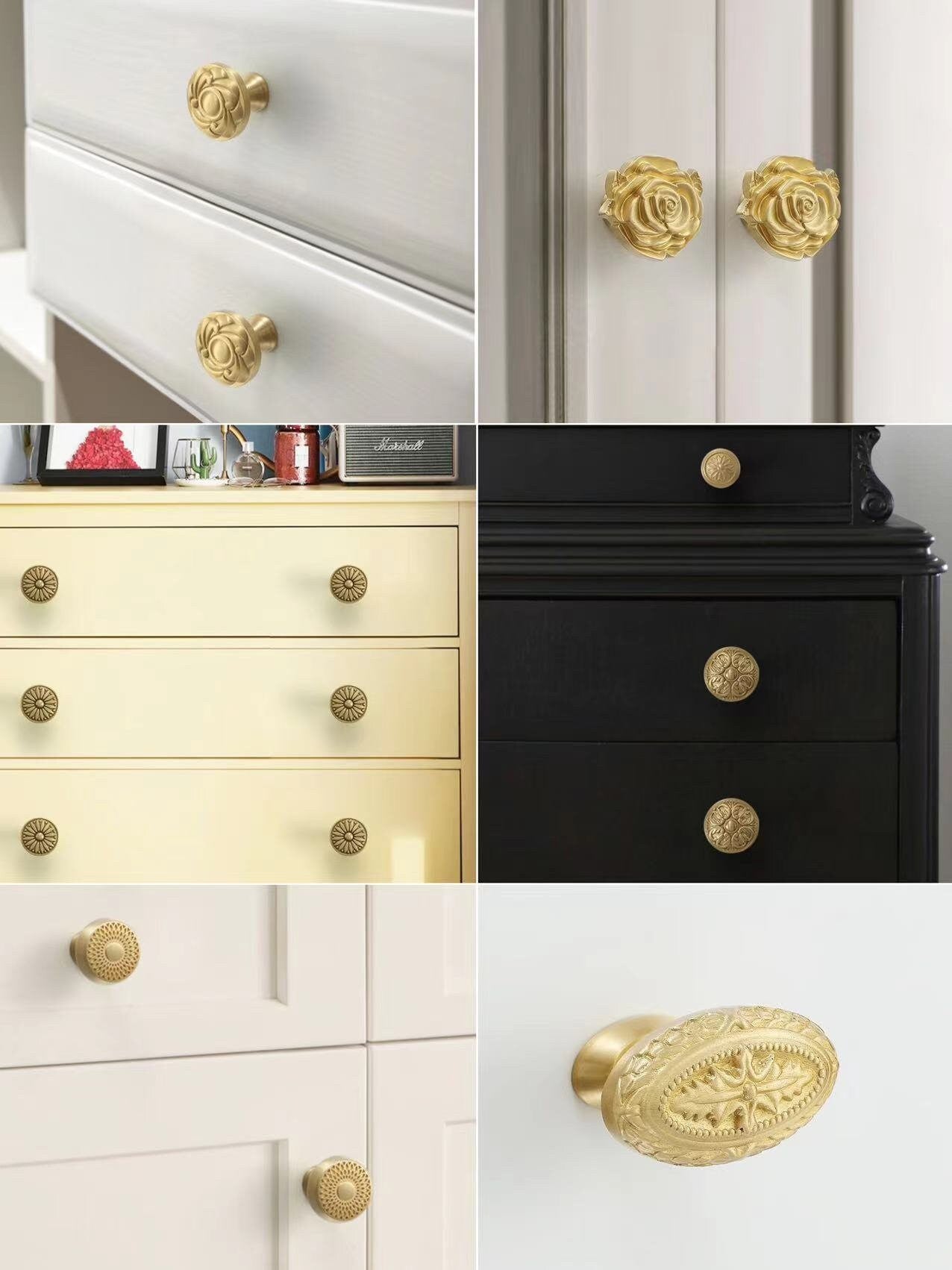 Brass Flower Patterned Knobs, Floral Drawer Pulls, Brushed Gold, Kitchen Cabinet Hardware