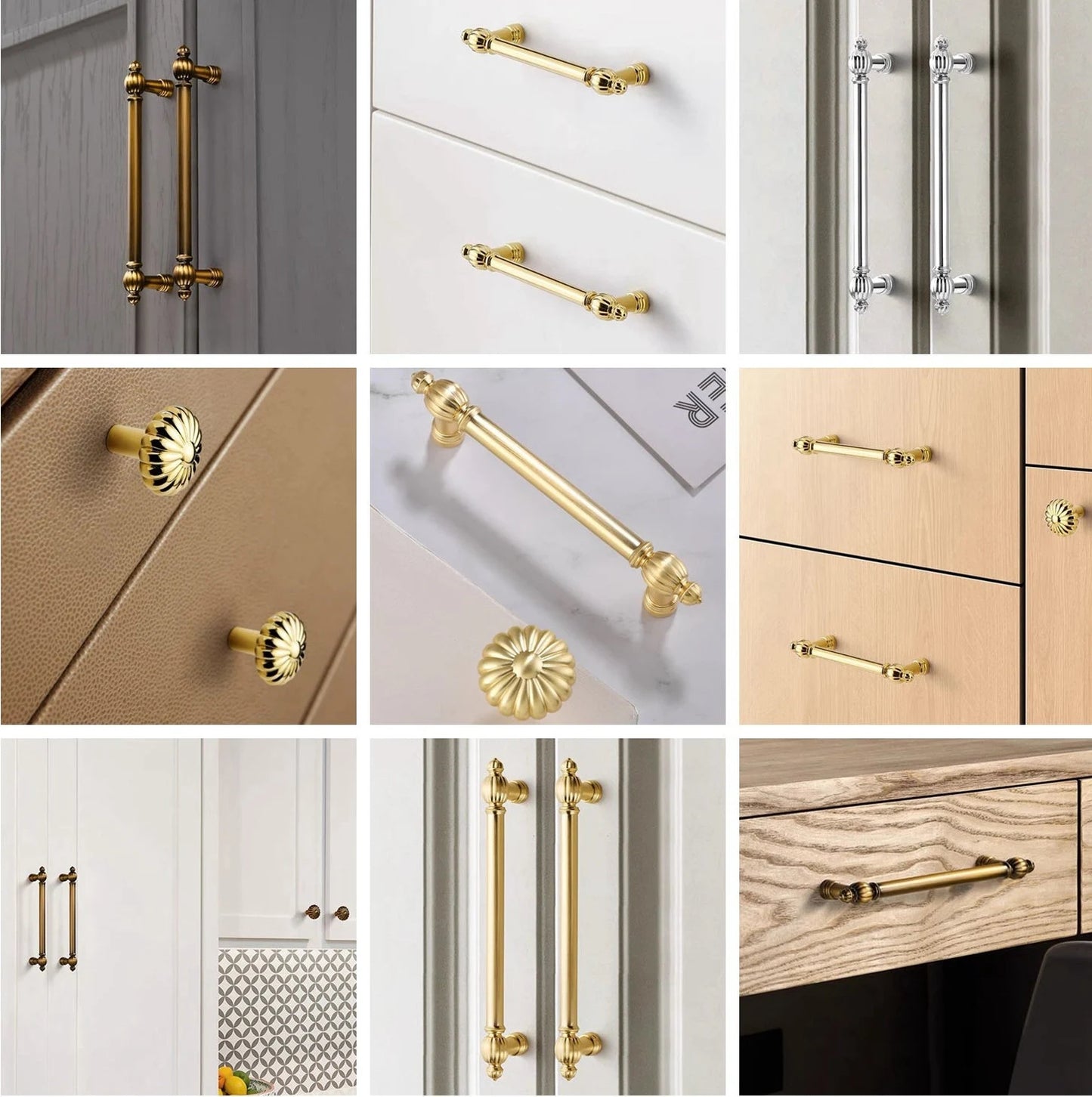 Gold Cabinet Pulls, Pumpkin Design, Polished Chrome, Antique Gold Brass