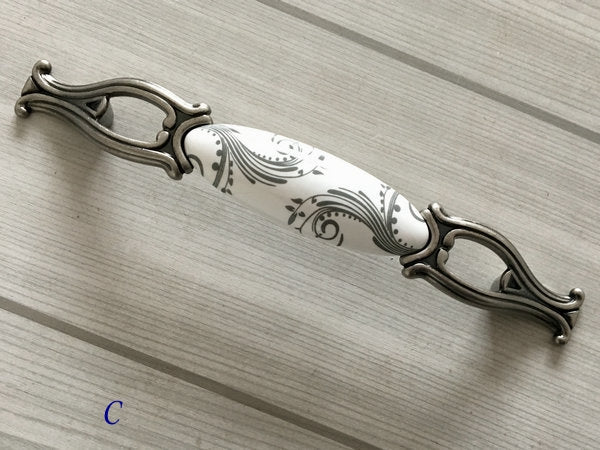 3.75" 5" Centers Antique Pewter Porcelain Drawer Pull Handle