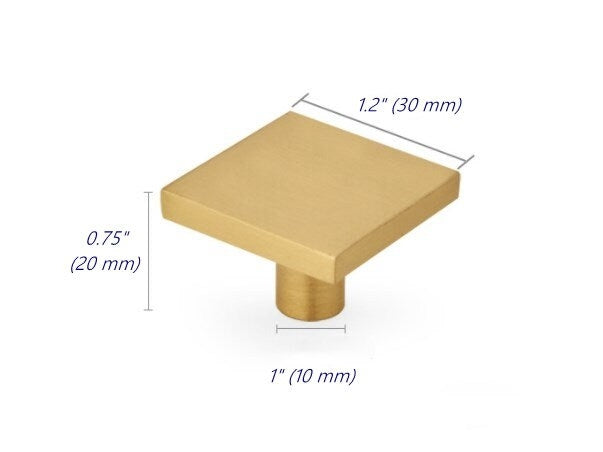 Brass Square Knobs, Brushed Gold, Minimalist Kitchen Cabinet Hardware