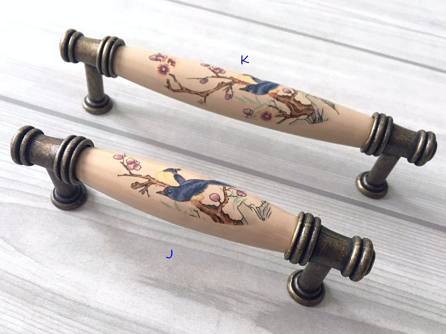 3" 3.75" 5" Flower Bird Porcelain Drawer Pulls Cabinet Handle, Tan Bronze